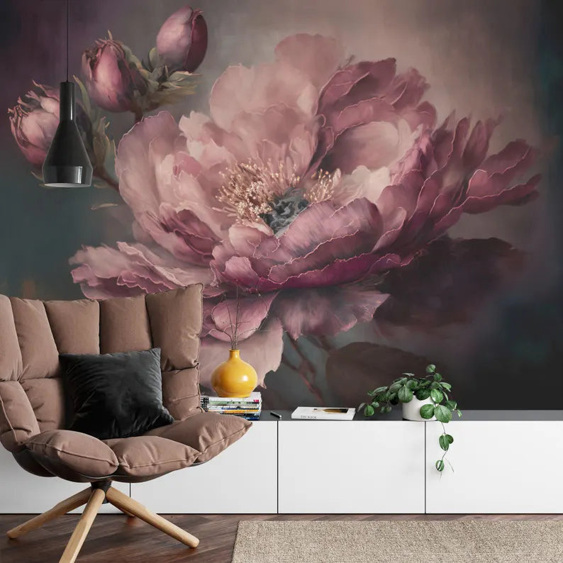Baroque Peony Flower Wall Mural, Rich Deep Colors Art Print