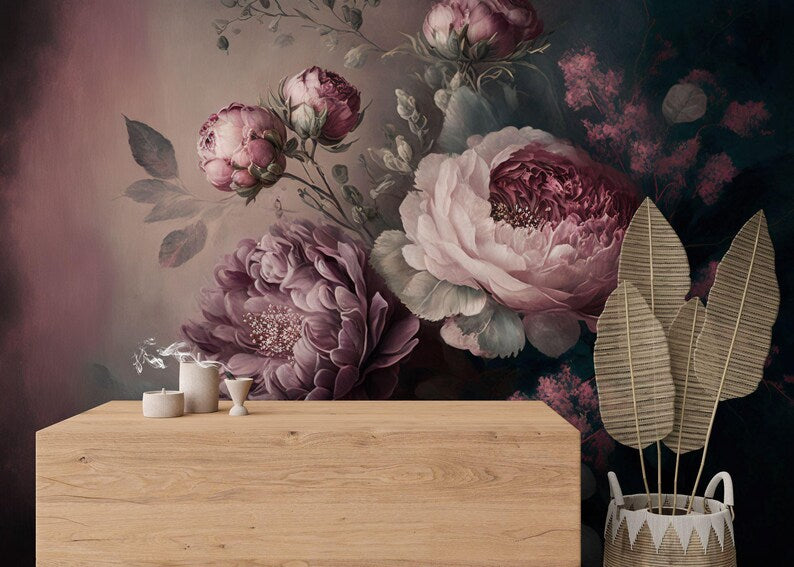 Baroque Peonies Wallpaper Mural, Rich Deep Colors