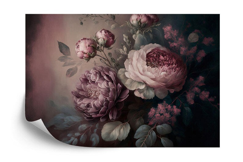 Baroque Peonies Wallpaper Mural, Rich Deep Colors