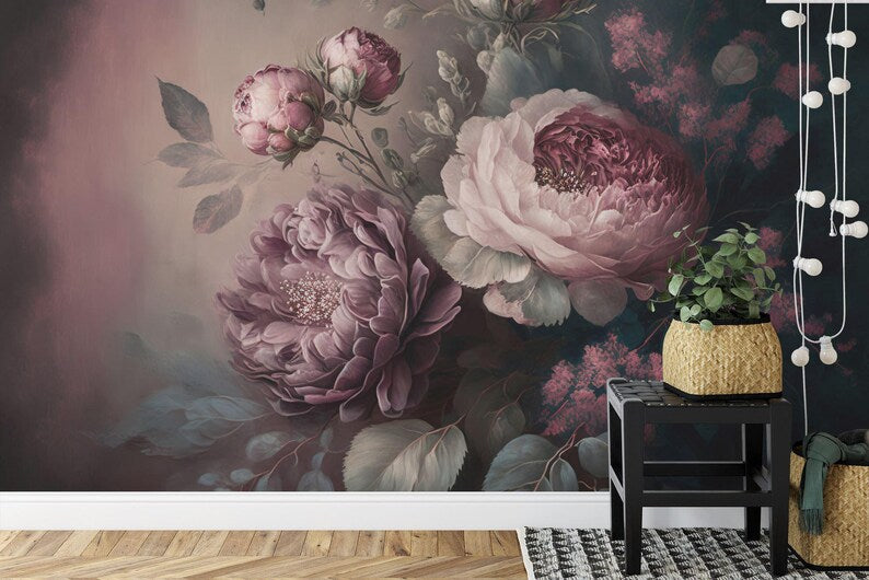 Baroque Peonies Wallpaper Mural, Rich Deep Colors