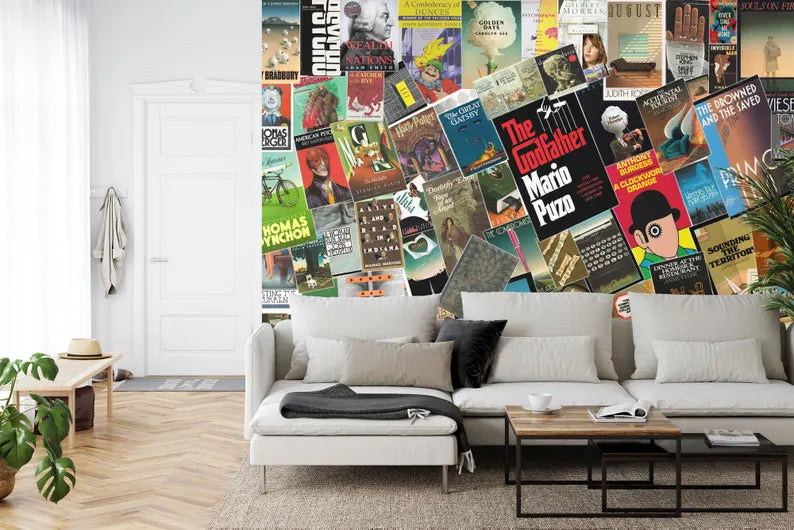 Iconic Book Covers Wallpaper Mural, Reading Room Decor