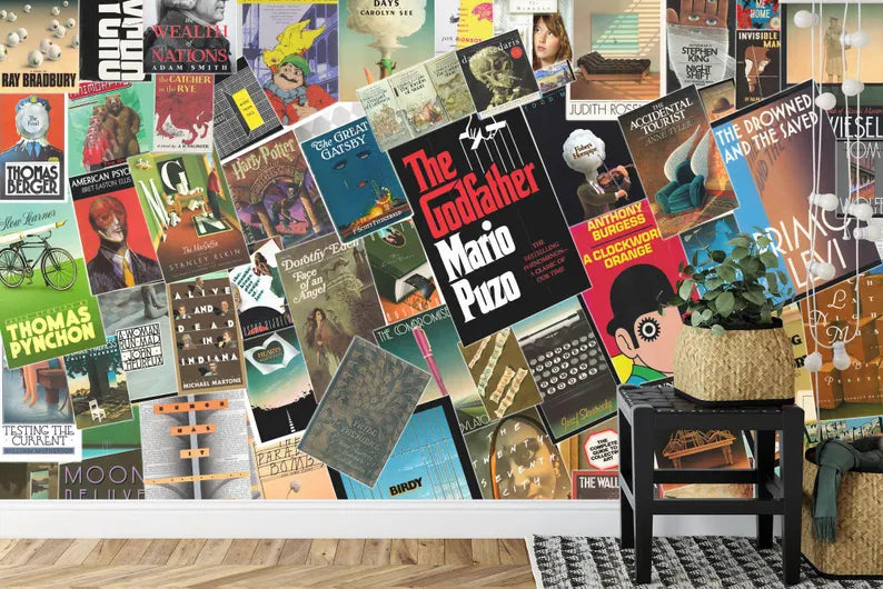 Iconic Book Covers Wallpaper Mural, Reading Room Decor