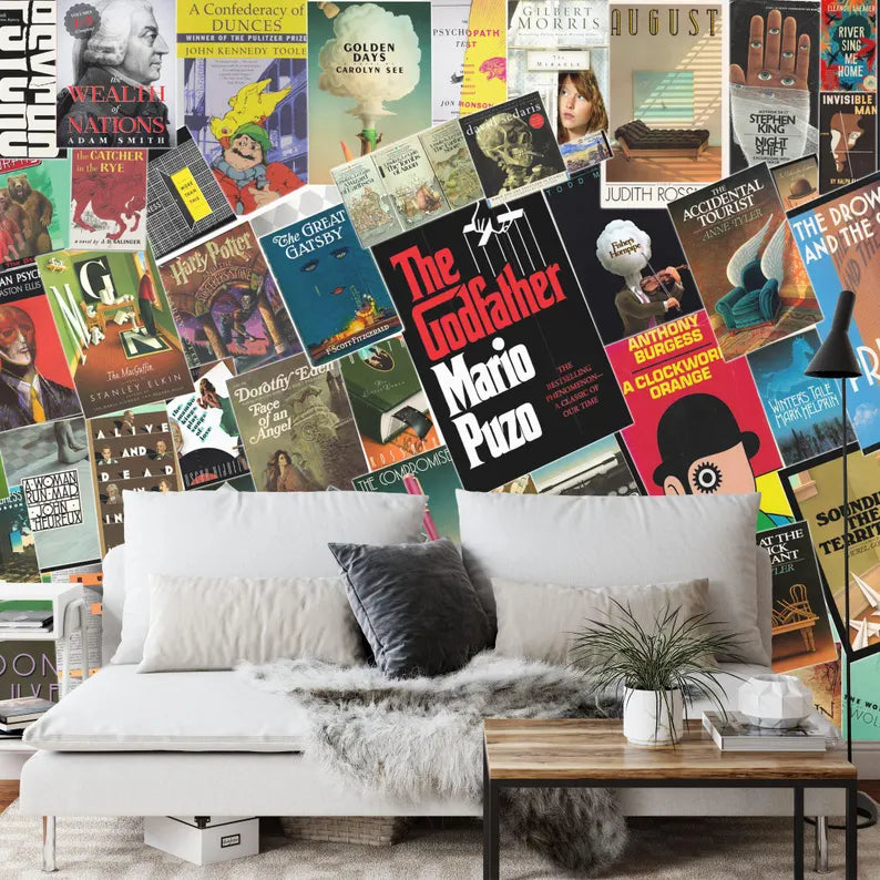Iconic Book Covers Wallpaper Mural, Reading Room Decor