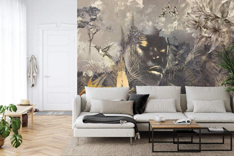 Woman Face Forest Mural, Abstract Art Print