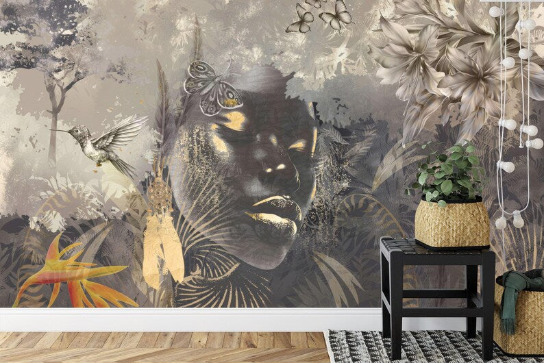 Woman Face Forest Mural, Abstract Art Print