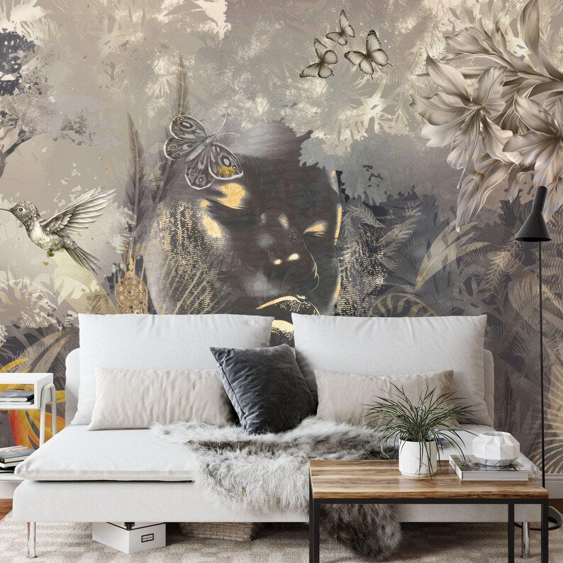 Woman Face Forest Mural, Abstract Art Print