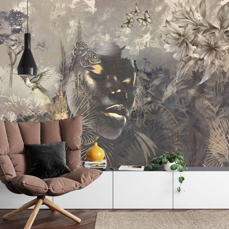 Woman Face Forest Mural, Abstract Art Print