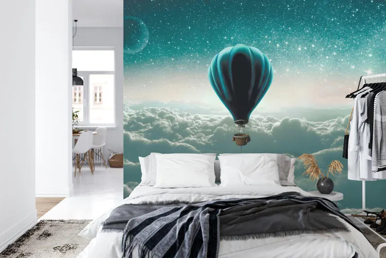Watercolor Hot Air Balloon Wallpaper Mural, Clouds Nursery Decor