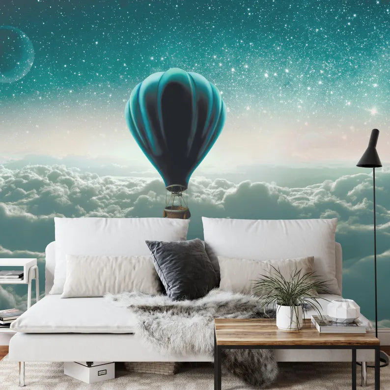 Watercolor Hot Air Balloon Wallpaper Mural, Clouds Nursery Decor