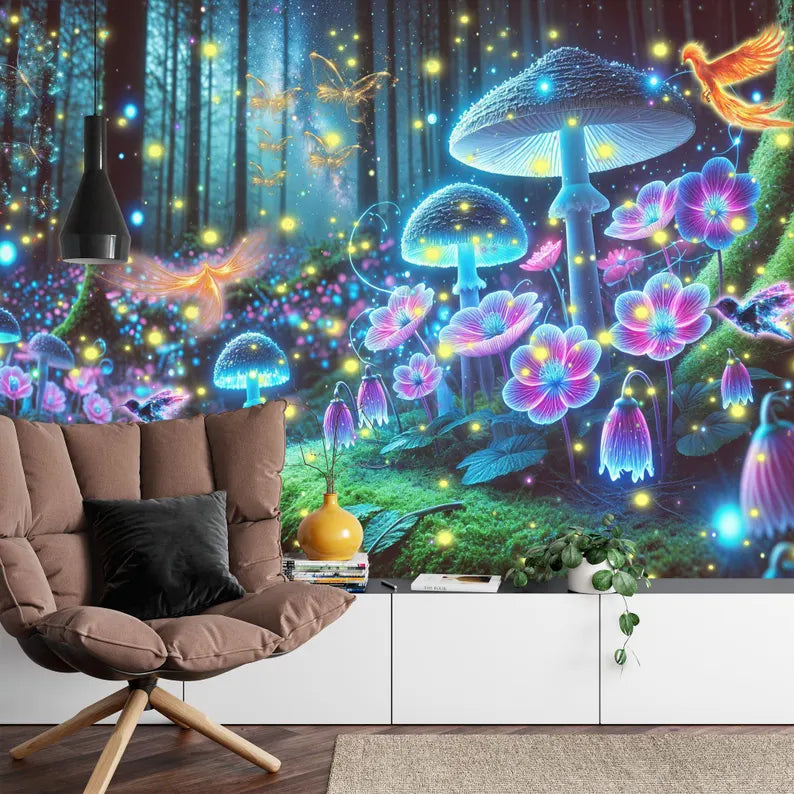 Enchanted Forest Luminous Mushroom Wallpaper Mural