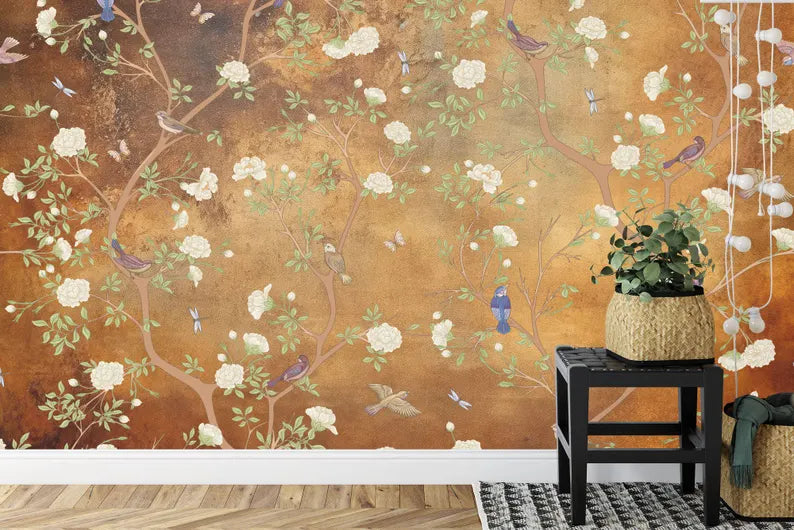 Vintage Chinoiserie Floral Bird Wallpaper Mural