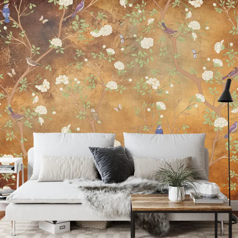 Vintage Chinoiserie Floral Bird Wallpaper Mural