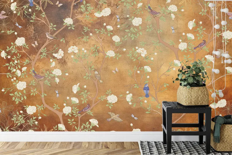 Vintage Chinoiserie Floral Wallpaper Mural - Birds & Flowers