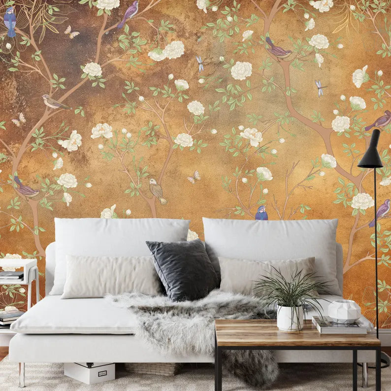 Vintage Chinoiserie Floral Wallpaper Mural - Birds & Flowers
