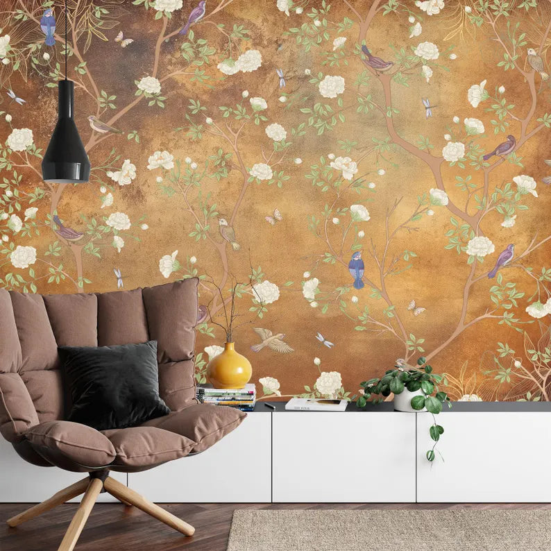 Vintage Chinoiserie Floral Wallpaper Mural - Birds & Flowers