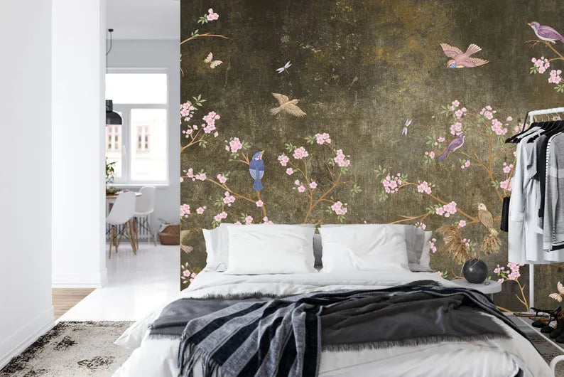 Chinoiserie Wallpaper Flowers Birds Mural - Vintage Style