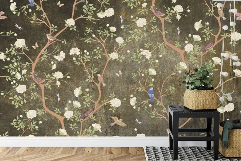 Elegant chinoiserie mural with blooming flowers and perched birds in traditional Asian style