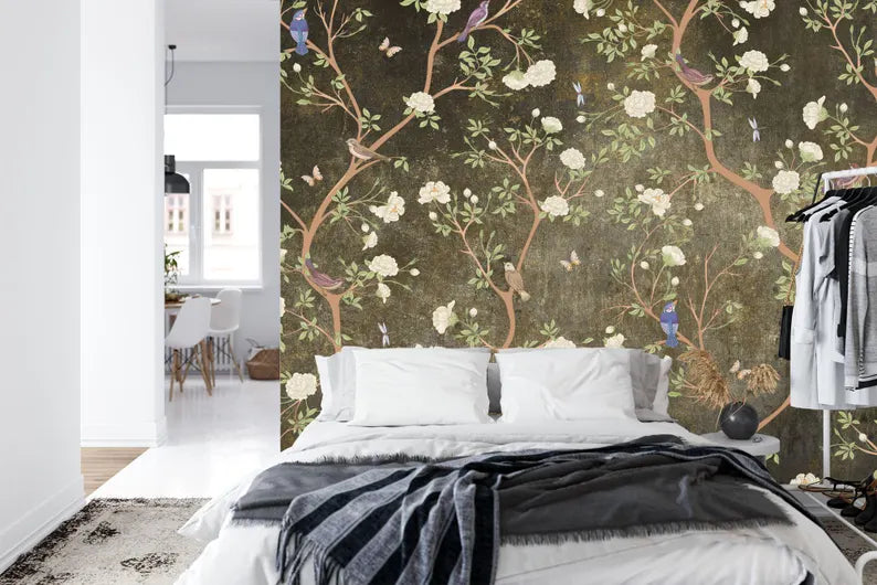 Vintage chinoiserie wallpaper pattern showing delicate birds among flowering branches