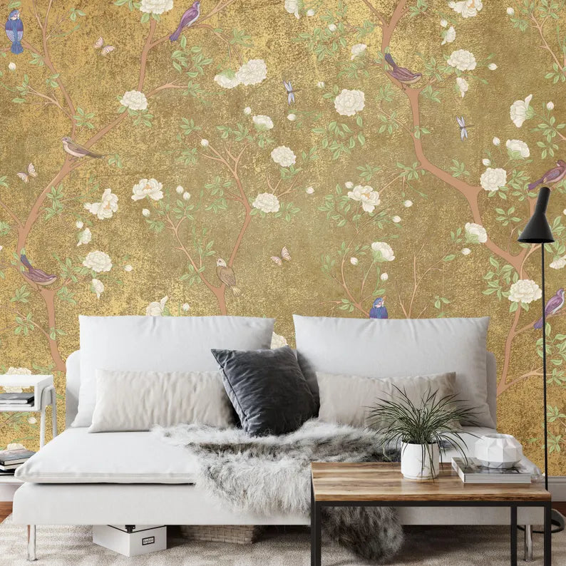 Chinoiserie Wallpaper Mural: Vintage Flowers, Birds