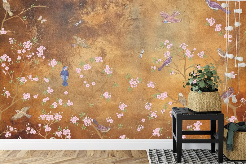 Chinoiserie Wallpaper Flowers Birds Mural - Vintage Style