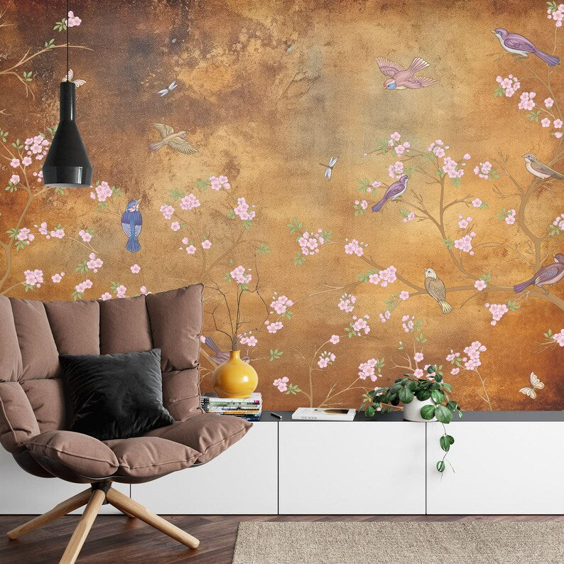 Chinoiserie Wallpaper Flowers Birds Mural - Vintage Style