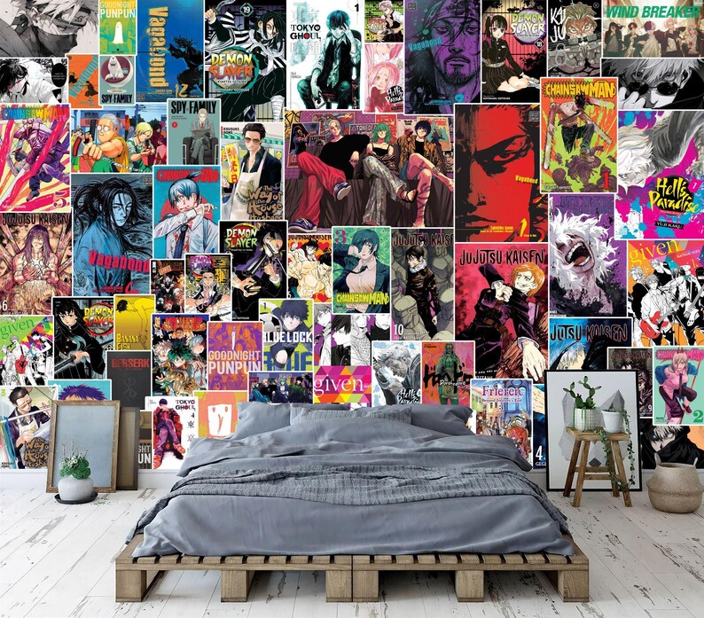 Anime Manga Collage Wallpaper, Hand-Drawn Comics Mural