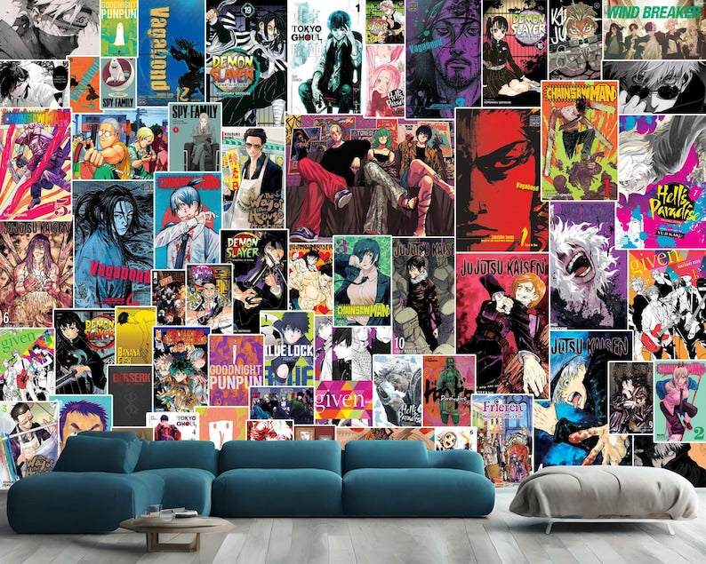 Anime Manga Collage Wallpaper, Hand-Drawn Comics Mural