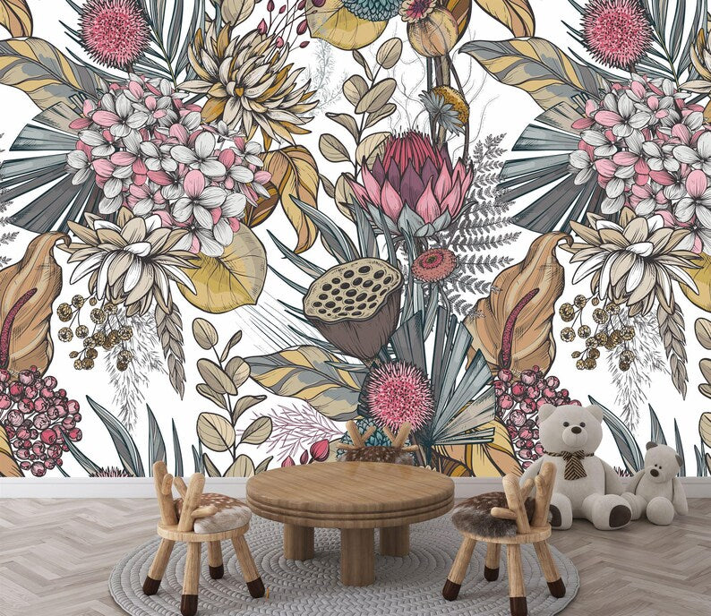 Dried Flowers Wallpaper Mural, Floral Art Print Decor