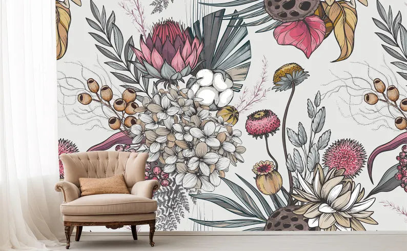 Dried Flowers Art Print Wallpaper, Floral Pattern