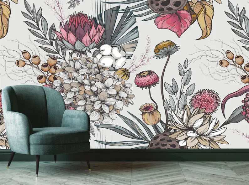 Dried Flowers Art Print Wallpaper, Floral Pattern