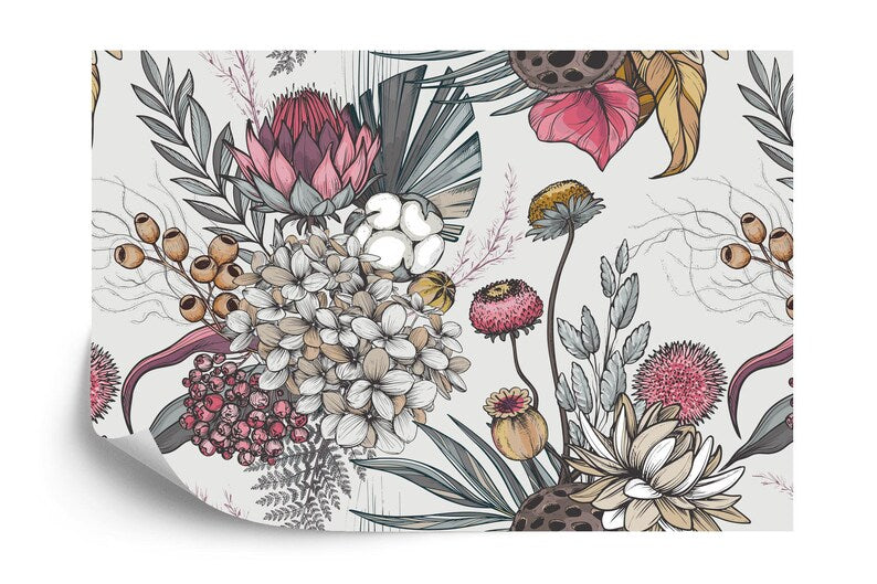 Dried Flowers Art Print Wallpaper, Floral Pattern