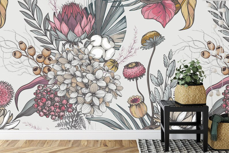 Dried Flowers Art Print Wallpaper, Floral Pattern
