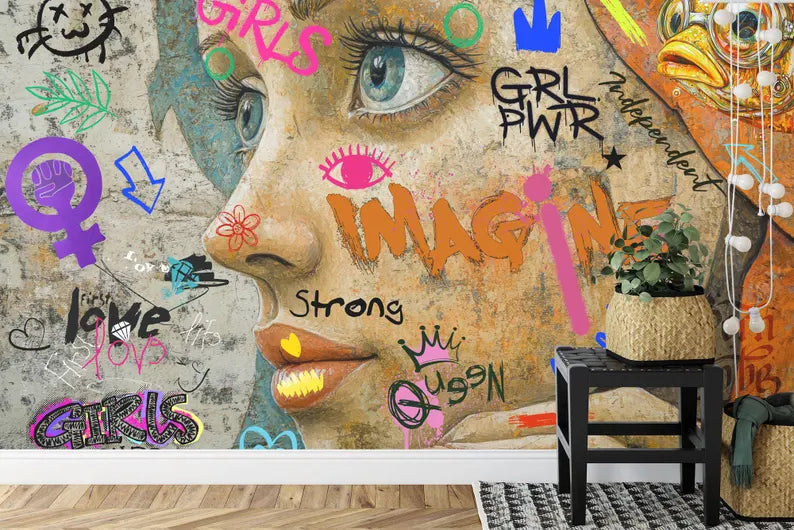 Wallpaper, Graffiti Girl Mural – Feminine Street Art Wallpaper