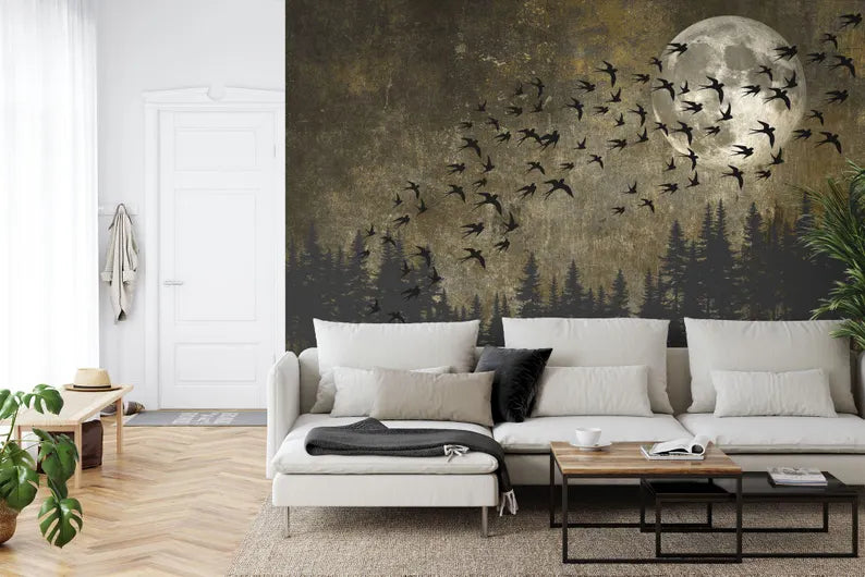 Japanese Moon Forest Birds Wallpaper Mural