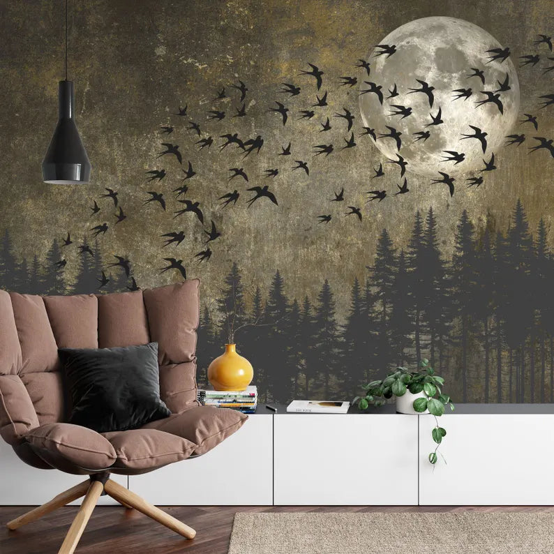 Japanese Moon Forest Birds Wallpaper Mural
