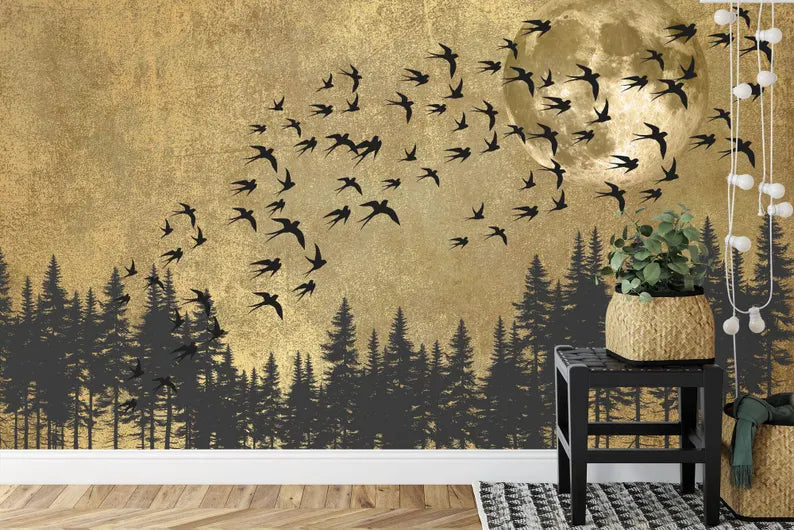Japanese Moon Forest Birds Art Print Wallpaper Mural