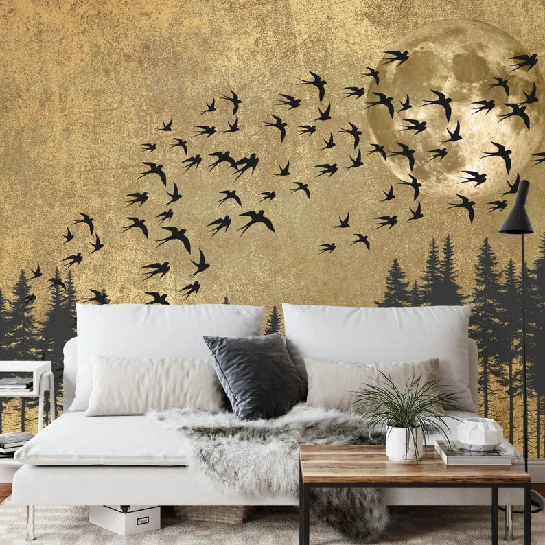 Japanese Moon Forest Birds Art Print Wallpaper Mural