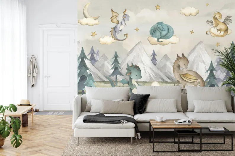 Watercolor Dragons Wallpaper Mural, Kids Nursery Decor