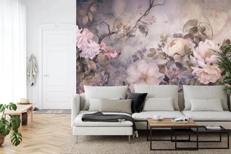 Baroque Peony Flowers Wallpaper Mural, Rich Deep Colors