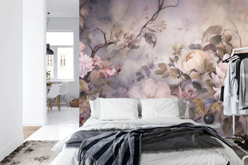 Baroque Peony Flowers Wallpaper Mural, Rich Deep Colors