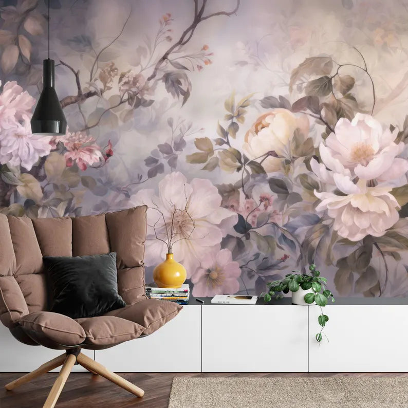 Baroque Peony Flowers Wallpaper Mural, Rich Deep Colors
