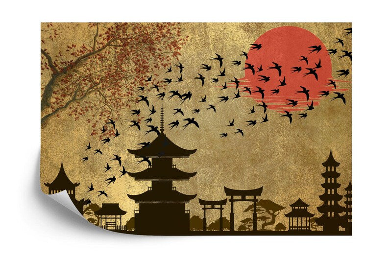 Japanese Moon Forest Mural, Birds Art Print