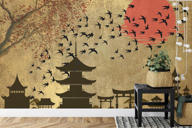 Japanese Moon Forest Mural, Birds Art Print