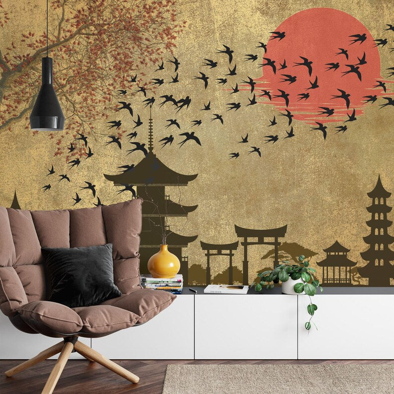 Japanese Moon Forest Mural, Birds Art Print