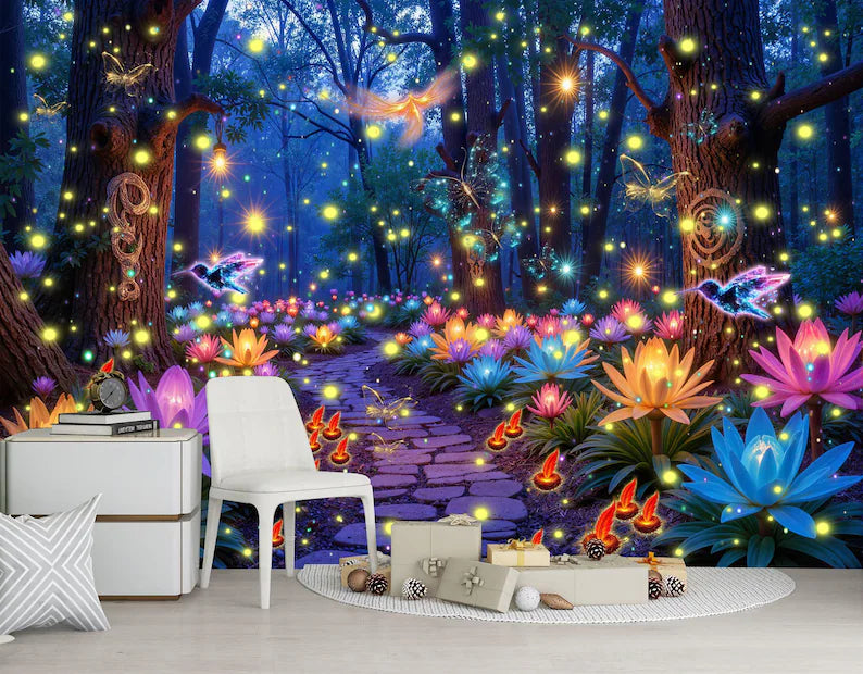 Enchanted Forest Wallpaper Mural, Luminous Butterflies
