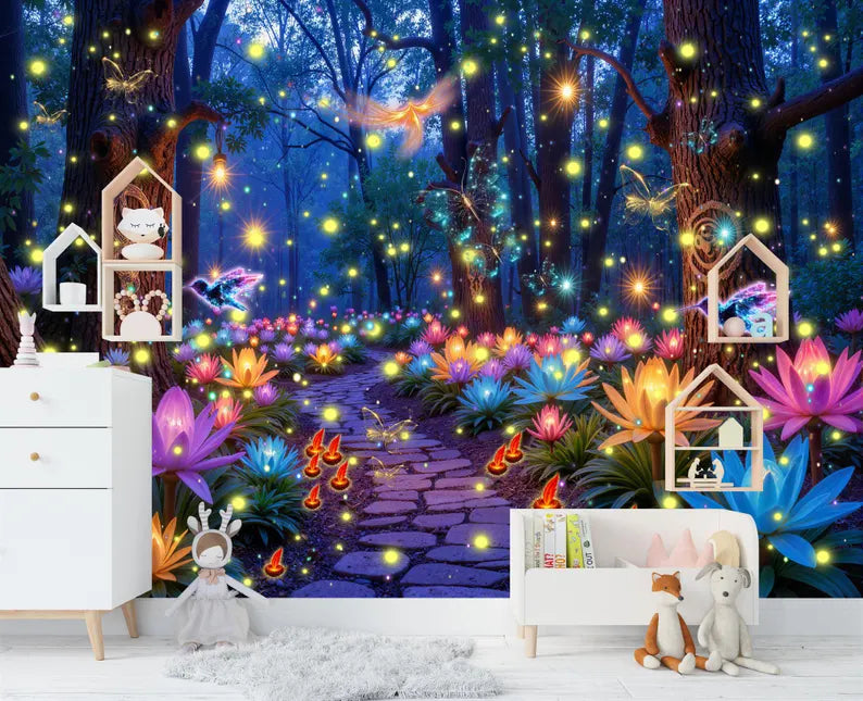 Enchanted Forest Wallpaper Mural, Luminous Butterflies
