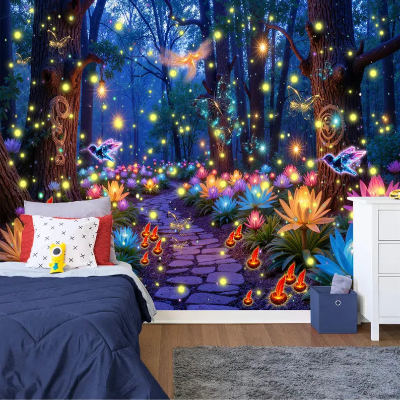 Enchanted Forest Wallpaper Mural, Luminous Butterflies