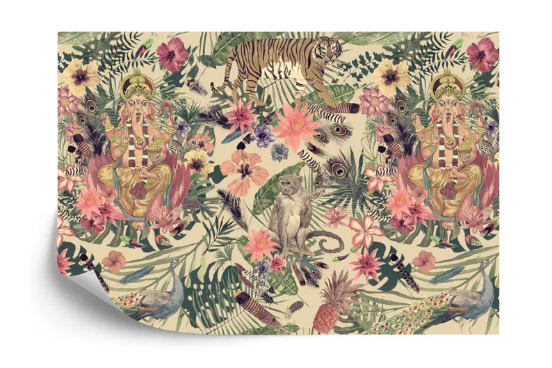Ganesha Tiger Floral Wallpaper Mural, Peel and Stick Decal