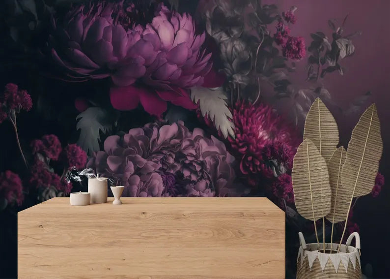 Baroque Peony Wallpaper Mural, Rich Deep Colors