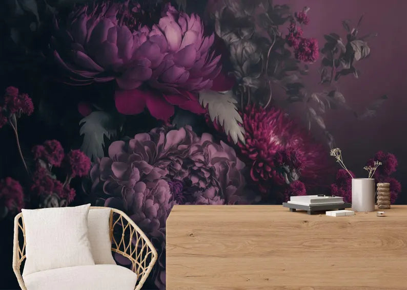 Baroque Peony Wallpaper Mural, Rich Deep Colors